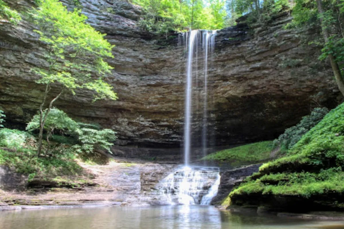 A picturesque waterfall framed by lush greenery and rock formations. The tranquil setting invites exploration, picnics, and quiet moments immersed in nature, reflecting the scenic beauty of East Tennessee's outdoors.