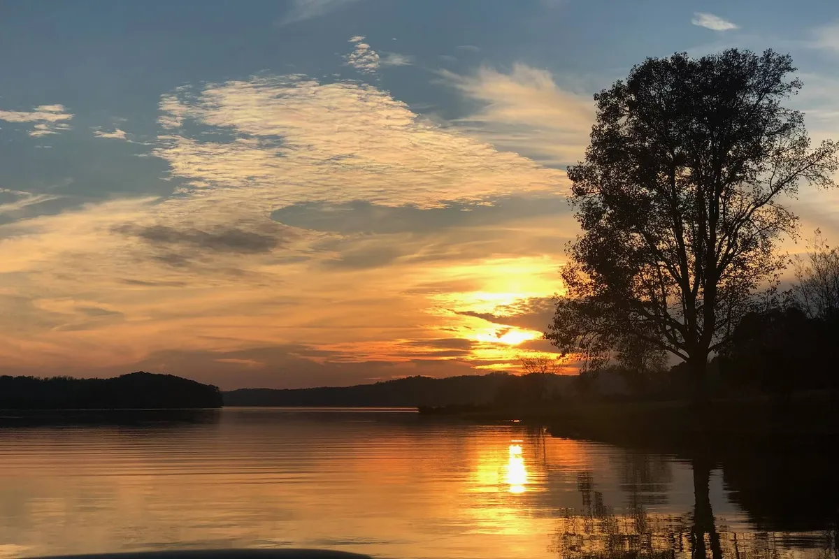 A stunning sunset over the lake creates a romantic silhouette of a tree and vibrant reflections in the water, with the natural scenery evoking peace and seclusion. The tranquil colors and serene setting are ideal for moments of shared quiet and intimacy.